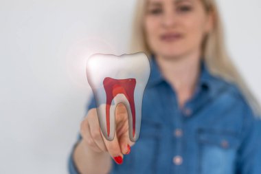 Genç bir dişçi model bir diş tutuyor. ışık arkaplanı.