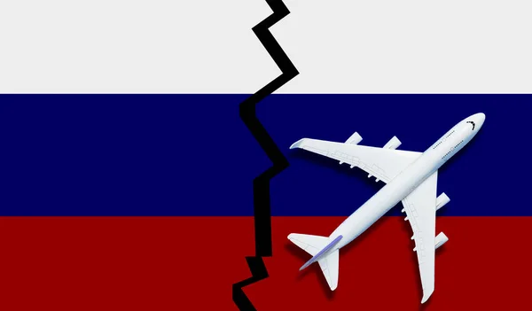 Prohibition of flights of Russian airlines, stamp Closed the sky against the background of the aircraft — Stock Photo, Image