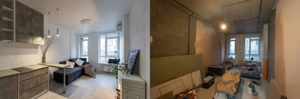有未完工墙壁的房间和修理后的房间。新房翻新前后 — 图库照片