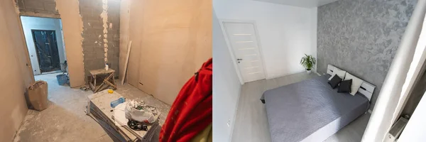 Befejezetlen épület belső fehér szoba javítás a lakásban előkészítése a szoba felújítási koncepció - szoba felújítás előtt és után — Stock Fotó