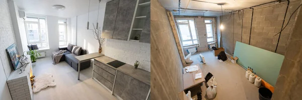 Comparaison d'une chambre dans un appartement avant et après rénovation maison neuve — Photo