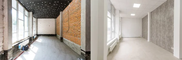 Комната с незаконченными стенами и комната после ремонта. До и после ремонта в новом жилье — стоковое фото