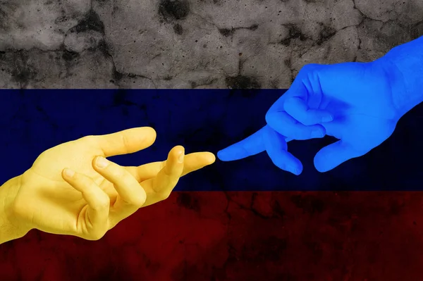 Support for Ukraine. Embrace icon, arms hugging in colors of Ukraine , War in Ukraine, attack from Russia. Papercut, hands hug. Care, love and charity symbol, hand papercut. — Stock Photo, Image