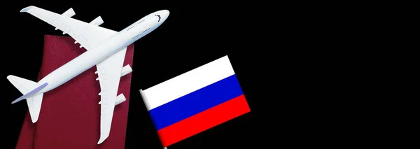 Russian flag, toy plane and barbed wire on background, concept of banning aircraft departing from Russia — Stock Photo, Image