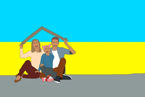 Glücklich lächelnde ukrainische Familie auf dem Hintergrund der ukrainischen Flagge — Stockfoto