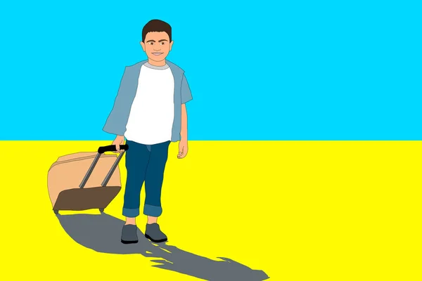 Ukrajinský uprchlický koncept. dítě kráčející s kufrem. Válka migrace lidé ilustrace v kresleném stylu. — Stock fotografie