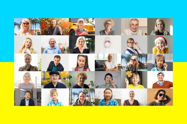 Collage av många människor på bakgrunden av den ukrainska flaggan — Stockfoto