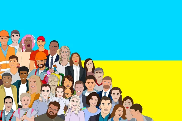 Colagem de muitas pessoas no fundo da bandeira ucraniana — Fotografia de Stock