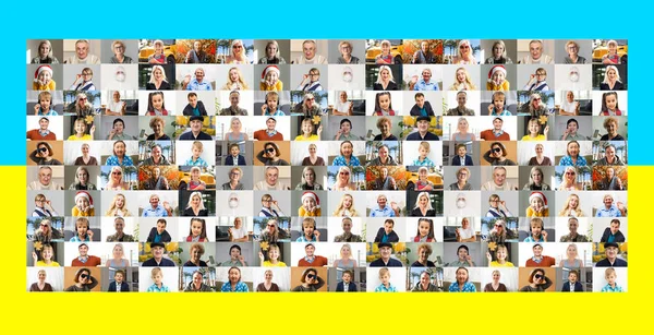 Sok mosolygós boldog ember kollázsa zászlóval vagy szívvel, hímzett ingben, a természet hátterében. Zászló napja, Alkotmány, Egység, Függetlenség napja Ukrajna zászló — Stock Fotó