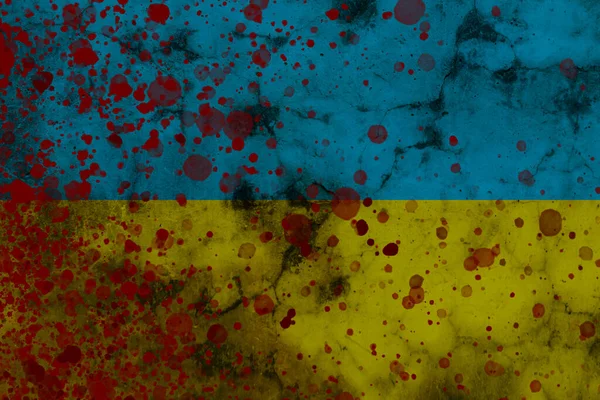 Banner roept om de oorlog in Oekraïne te stoppen. Er is geen oorlog. Oekraïense vlag met bloedspatten. Steun aan Oekraïne — Stockfoto