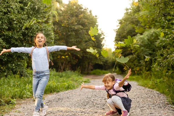 Deux filles marchent en été dans le parc, parlent, marchent après l'école et l'université, se tiennent la main, les meilleurs amis rentrent à la maison après l'école. Espace libre pour copier du texte — Photo