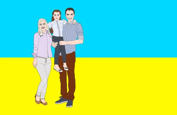 Feliz familia ucraniana sonriente en el fondo de la bandera ucraniana — Foto de Stock