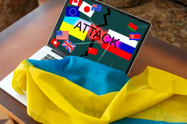 Bandeiras do país e bandeira ucraniana e russa no tablet — Fotografia de Stock