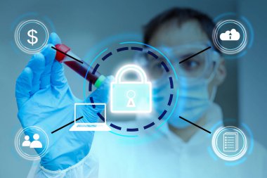 Tanımlanamayan tıp doktoru bir bilgisayar ağı üzerinden birçok cihazdan hastanın tıbbi kayıtlarını alıyor. Sağlık bilgi alışverişi ve veri gizliliği için sağlık hizmetleri bilişim kavramı.