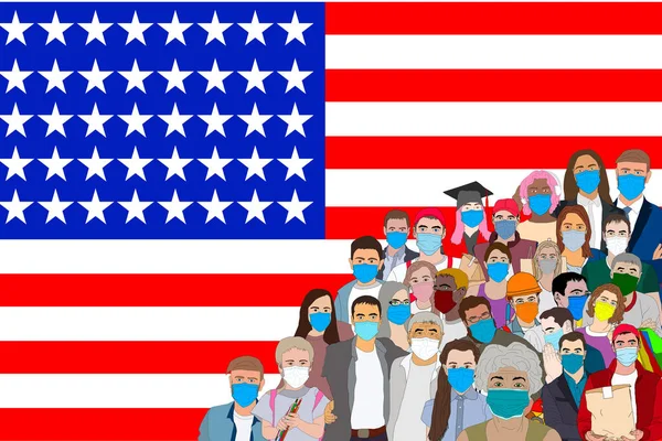 Feliz 4 de julio. Bandera de saludo del Día de la Independencia Americana con un grupo diverso de personas con la bandera estadounidense en el fondo. ilustración en un estilo plano. —  Fotos de Stock