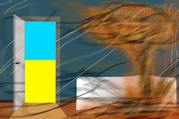 Pootevřené dveře. Vlajky ukrajinské za dveřmi. — Stock fotografie