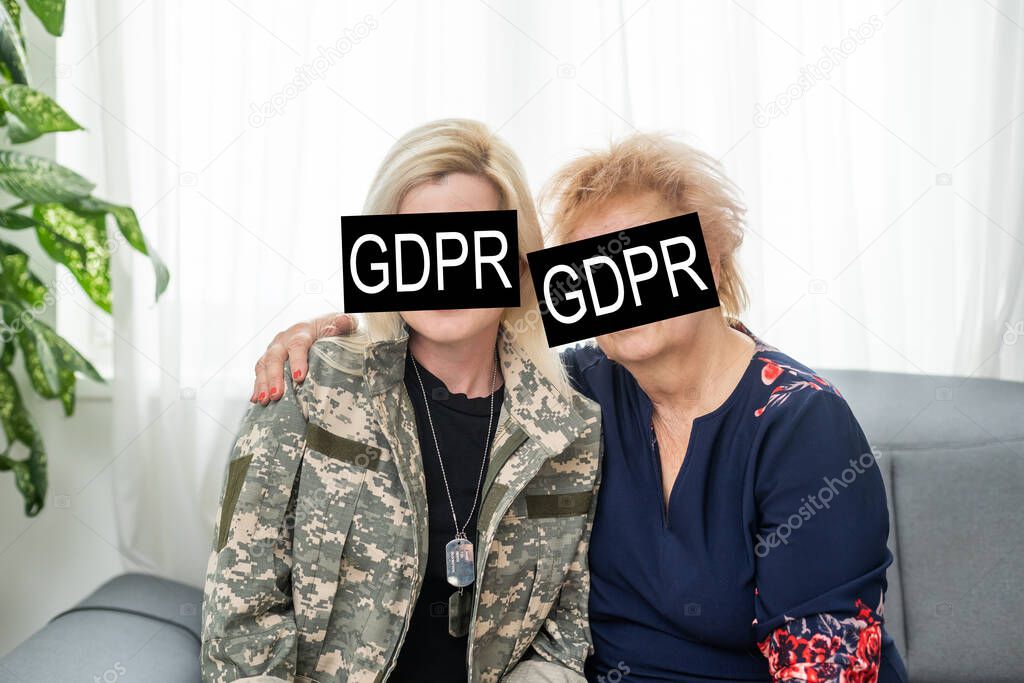 GDPR - General Data Protection Regulations Military concept. Soldier offers a padlock with gdpr word surrounded stars. European Data Security System.