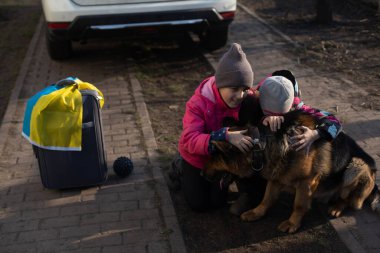 Ukrayna bayrağı taşıyan iki küçük kız, bavul, köpekler. Ukrayna savaş göçü. Eşyaları bir bavulda toplamak. Ukrayna bayrağı, yardım et. Krizin, askeri çatışma..
