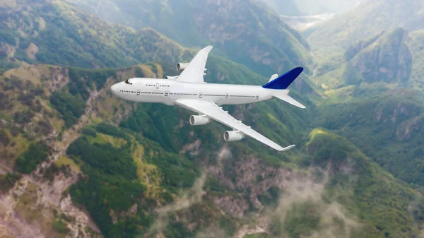 Uçağın hava görüntüsü. Uçak ormanla birlikte dağların üzerinden uçuyor. İş seyahati. Ticari uçak.