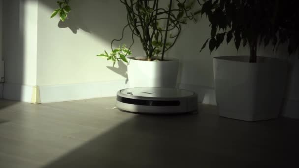 Robotstofzuiger op laminaat houten vloer smart cleaning technologie — Stockvideo