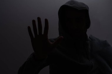 Kapüşonlu bir adamın stüdyo portresi, bir gölge yüzünü gizliyor. Anonimlik gölge ekonomi ve kanundan kaçma