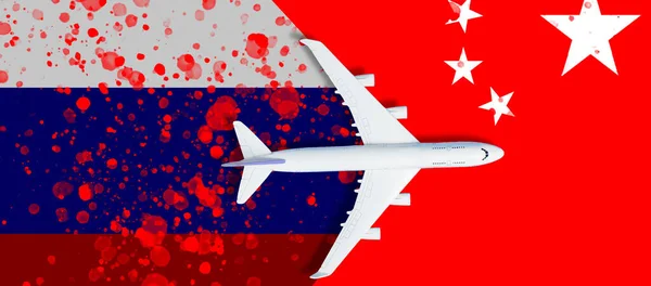 Russische vlag, vliegtuig, bloed. Het concept van een vliegverbod — Stockfoto