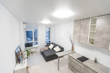 Mutfak alanı ve ip ekranı olan küçük bir daire.