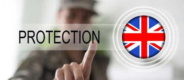 带有虚拟保护按钮的英国国旗 — 图库照片