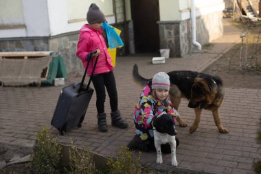 Ukrayna bayrağı taşıyan iki küçük kız, bavul, köpekler. Ukrayna savaş göçü. Eşyaları bir bavulda toplamak. Ukrayna bayrağı, yardım et. Krizin, askeri çatışma..