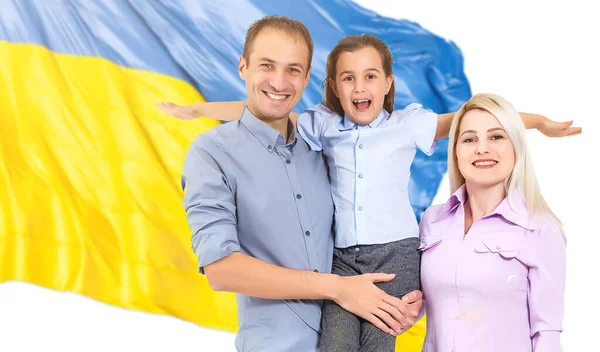 Family with flag of ukrainet, yellow and blue colors of the Ukrainian flag. Family, unity, support,. Russias invasion of Ukraine, a request for help to the world community. — Stock Photo, Image