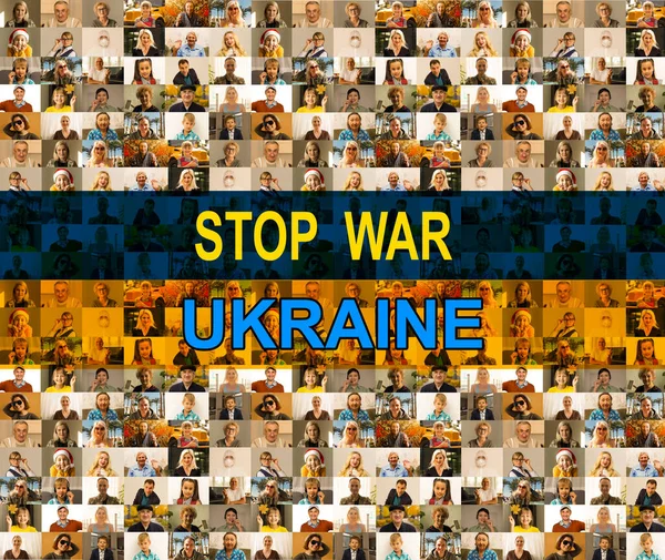 Visages collage avec drapeau ukraine. arrêter la guerre — Photo