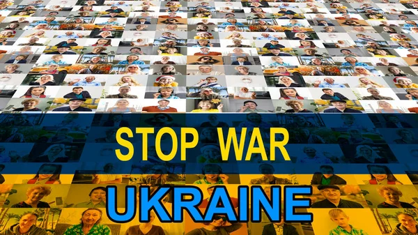 Жовто-синій національний прапор України, обличчя колажі з зупинкою війни — стокове фото