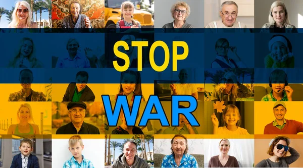 Caras collage con bandera ucraniana. detener la guerra —  Fotos de Stock