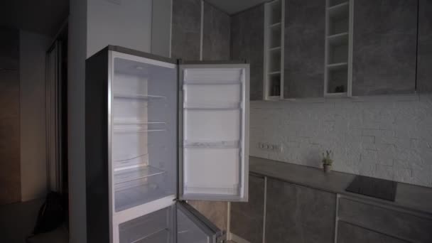 Instalacja szarej kuchni poddaszowej, studio apartament — Wideo stockowe