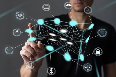 Dijital iletişim ve sanal ekran metaevren teknoloji kavramı WEB 3.0.el dokunmatik dünya interneti.