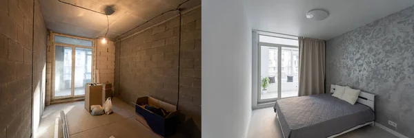 Quarto com paredes inacabadas e um quarto após o reparo. Antes e depois da renovação em novas habitações — Fotografia de Stock