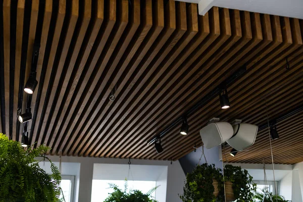 Лампочка с деревянным минимальным потолочным дизайном лампы на теплом зеленом и деревянном домашнем фоне, с чистым копировальным пространством. — стоковое фото