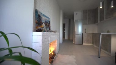 Modern minimalist koyu gri çatı katı tarzı stüdyo daire iç tasarımı. Mutfak, oturma alanı, iş yeri