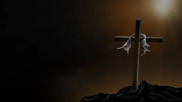 耶稣基督十字架。复活节, 复活的概念。背景上的基督教木十字架与戏剧性的灯光, 五颜六色的山的日落, 乌云和天空, 阳光. — 图库照片