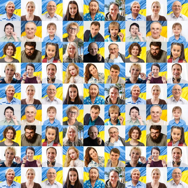 Portretten van veel ouderen tegen de vlag van Oekraïne — Stockfoto