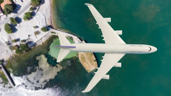 Repülőgép repülni gyönyörű természet táj sziget, turisztikai célpont, Háttér banner nyaralás nyaralás utazás utazás — Stock Fotó