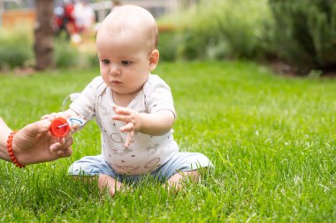 sabun köpüğü ile oynarken açık yeşil çimenlerin üzerinde oturan erkek bebek