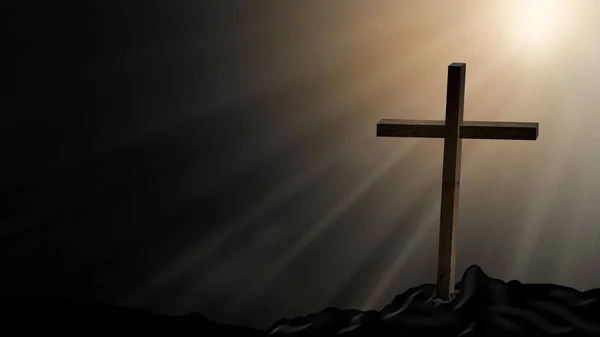 Jezus Chrystus krzyż. Wielkanoc, koncepcja zmartwychwstania. Chrześcijańskiego drewnianego krzyża na tle z wspaniałemu oświetleniu, zachód słońca góry kolorowe, ciemne chmury i niebo, promienie słoneczne. — Zdjęcie stockowe