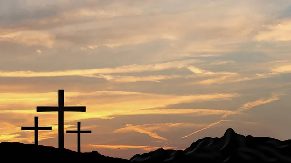 Viernes Santo, un día de oración y ayuno - Paño blanco colgado en el crucifijo de la Cruz y puesta de sol de oro amarillo — Foto de Stock