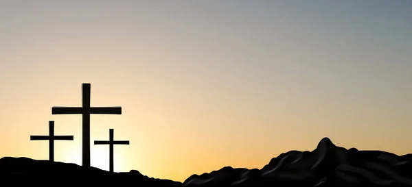Três cruzes na montanha., Conceito para cristão, Cristianismo, religião católica, divina, celestial, celestial ou deus . — Fotografia de Stock