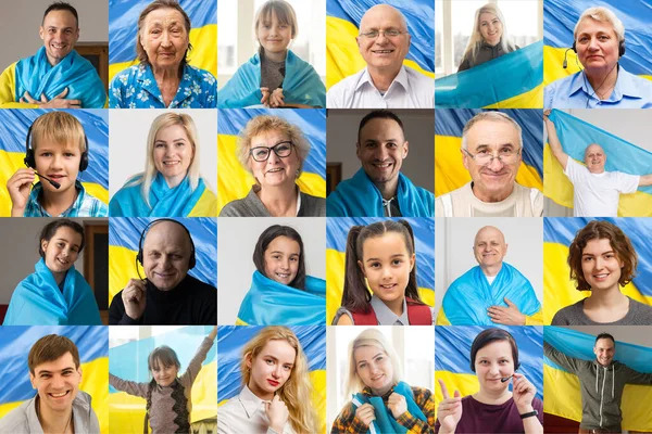 Collage av många leende glada människor barn med ukrainska flaggor. Banderoll — Stockfoto