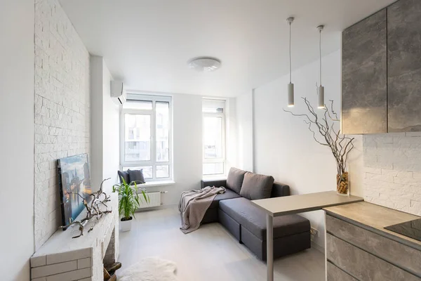 Интерьер небольшой гостиной оборудованная кухня в квартирах-студиях в минималистическом стиле с легким цветом — стоковое фото