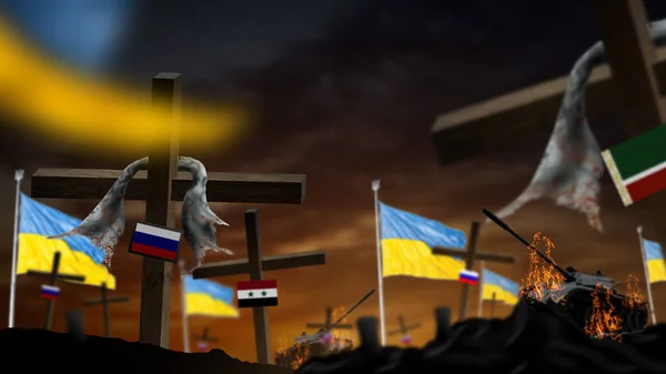 Träkors med ryska flaggor. Korsningar och minnesmärken på kyrkogården. Ukrainas flagg. krig — Stockfoto