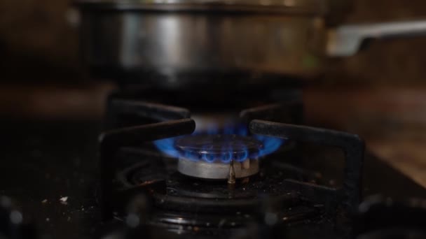 Close-up tiro de fogo azul de cozinha doméstica fogão top. Fogão a gás com chamas ardentes de gás propano. Conceito de recursos industriais e economia — Vídeo de Stock