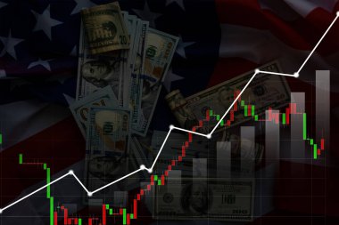 Arka planda döviz kurları dinamiği olan Amerikan doları banknotları. Ticaret ve mali risk kavramı.